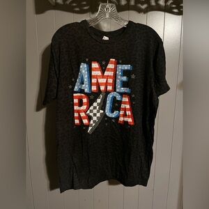 Boutique t-shirt women’s charcoal grey animal print/ America red white and blue
